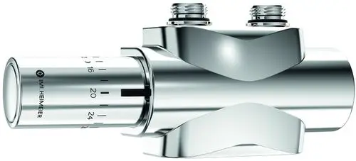 Verchromtes Ventil mit Einstellskala und zwei Anschlüssen. Produkt von IMI Hydronic Engineering, geeignet für Zweirohr-Heizsysteme.